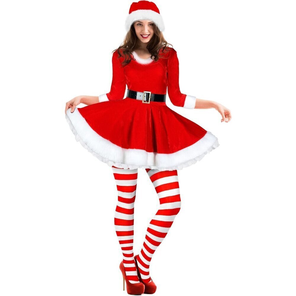 Geyoga Santa Claus Costume Set Velvet Dress with Belt Xmas Striped Tights Small